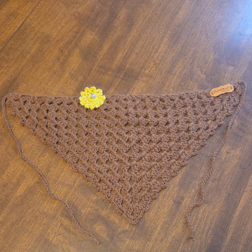 Brown Crochet Bandana with Yellow Flower